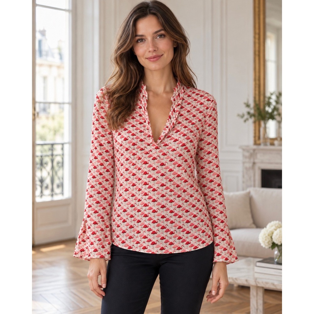 Tory Burch Flamingo Print V-Neck Tunic Blouse Pink Cream Long Sleeve Size 0